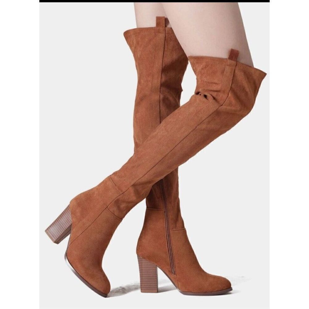Shoe'N Tale Women Boots Brown Faux Suede Chunky Heel Over The Knee Thigh High